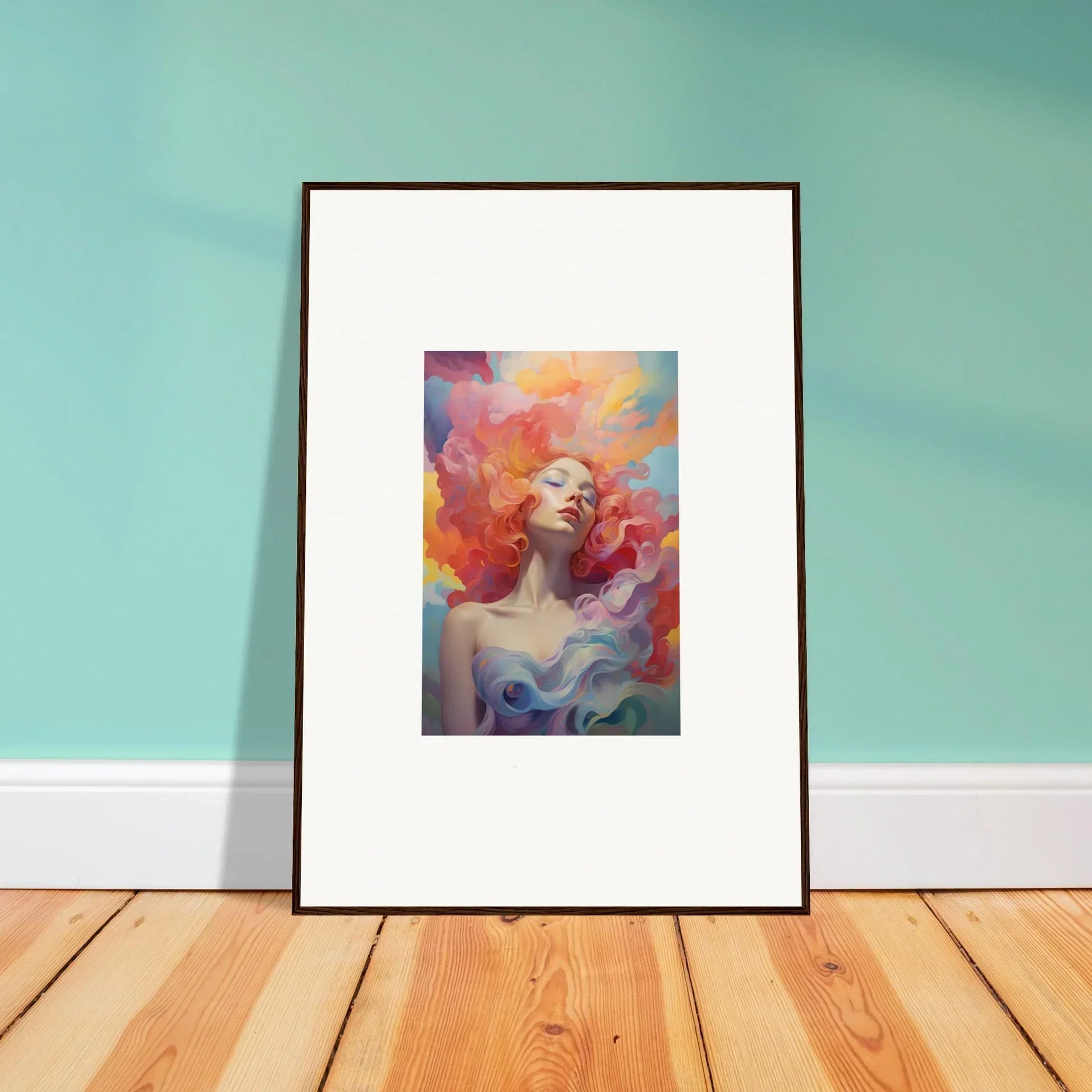Colorful framed wall art of a woman with flowing hair for vibrant room decor