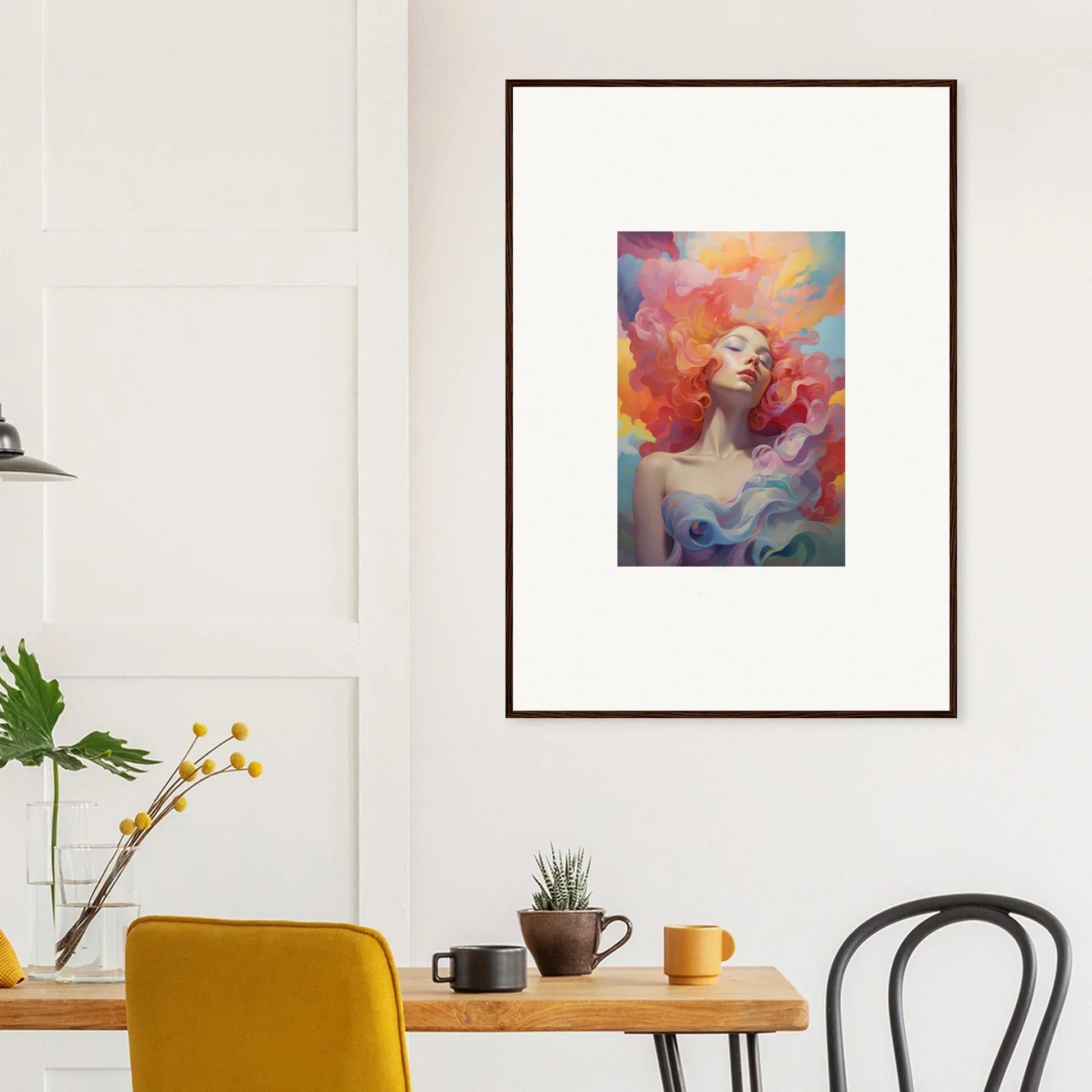 Framed wall art of a vibrant abstract portrait in prayer dance style for room decor