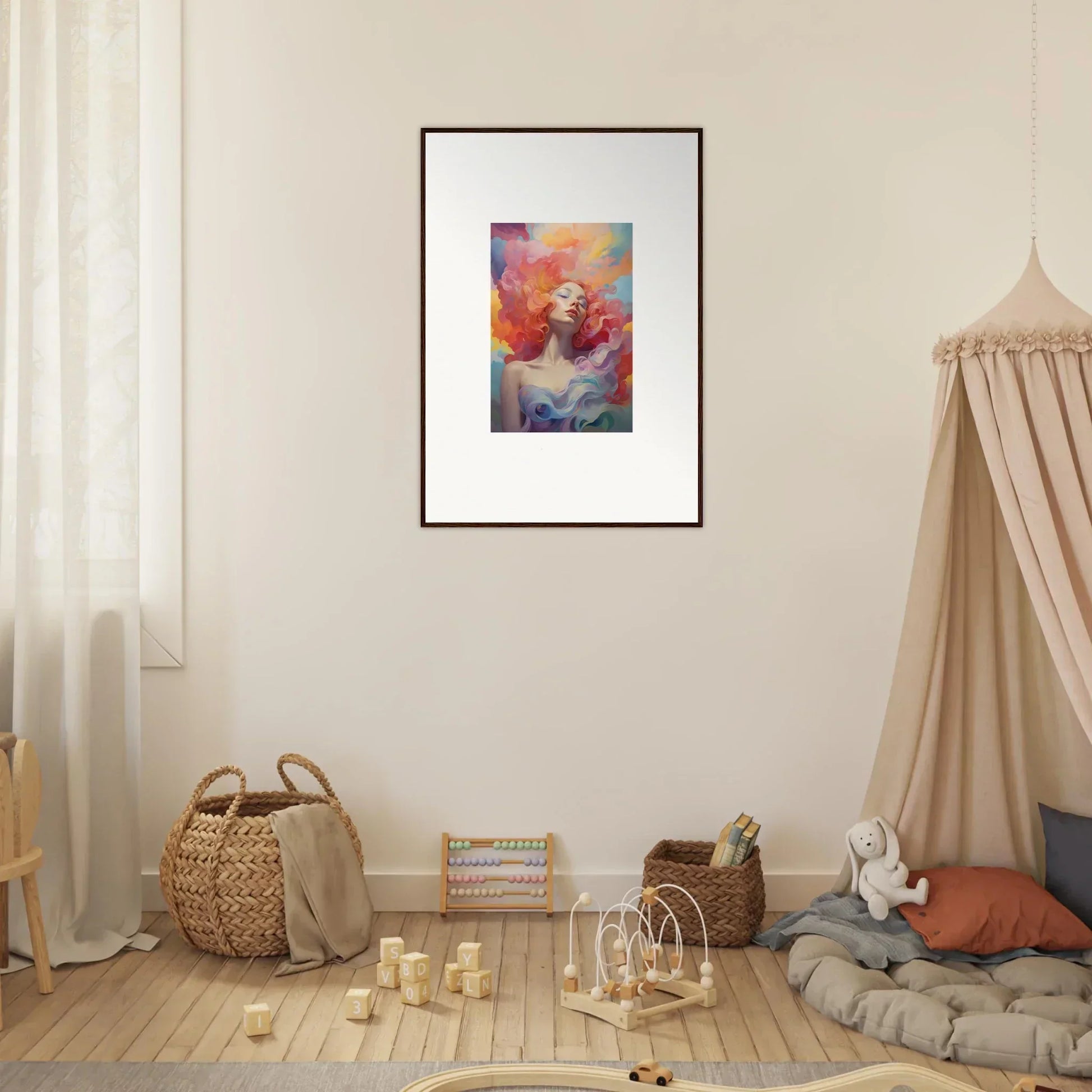 Framed colorful abstract art of a prayer dance for stylish room decor