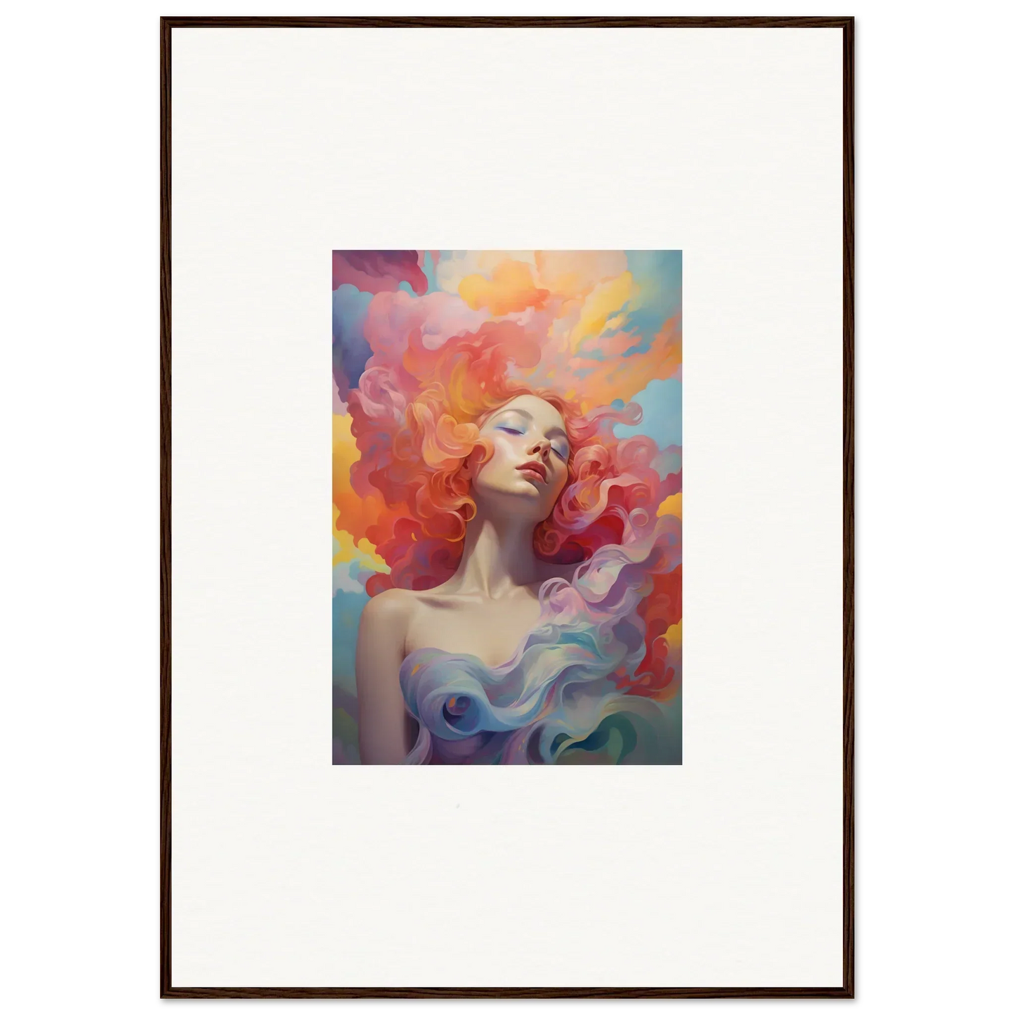 Framed wall art of a woman in prayer dance with flowing hair and vibrant background