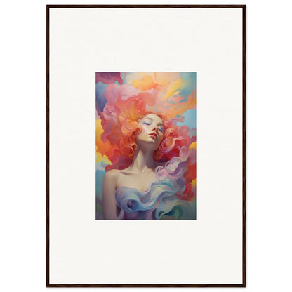 Framed wall art of a woman in prayer dance with flowing hair and vibrant background