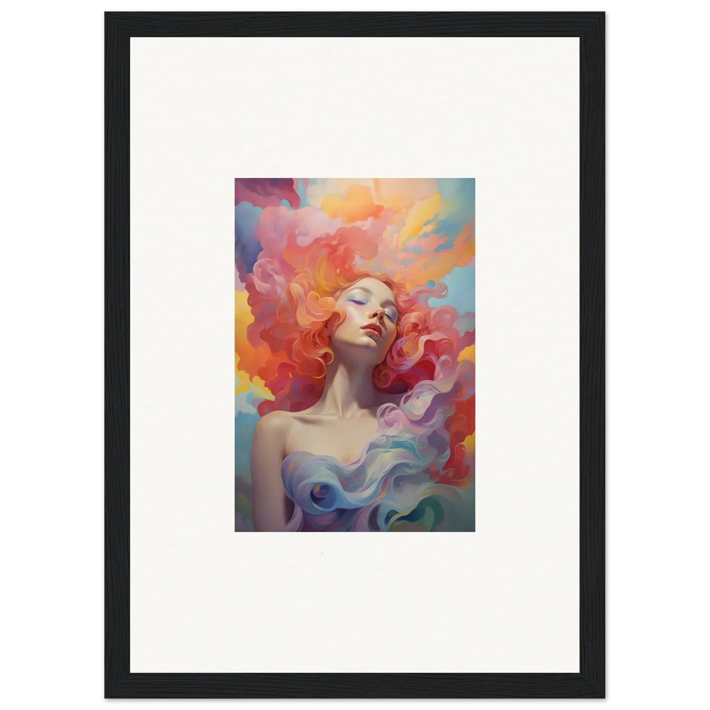 Framed wall art of a woman in a prayer dance with vibrant abstract background
