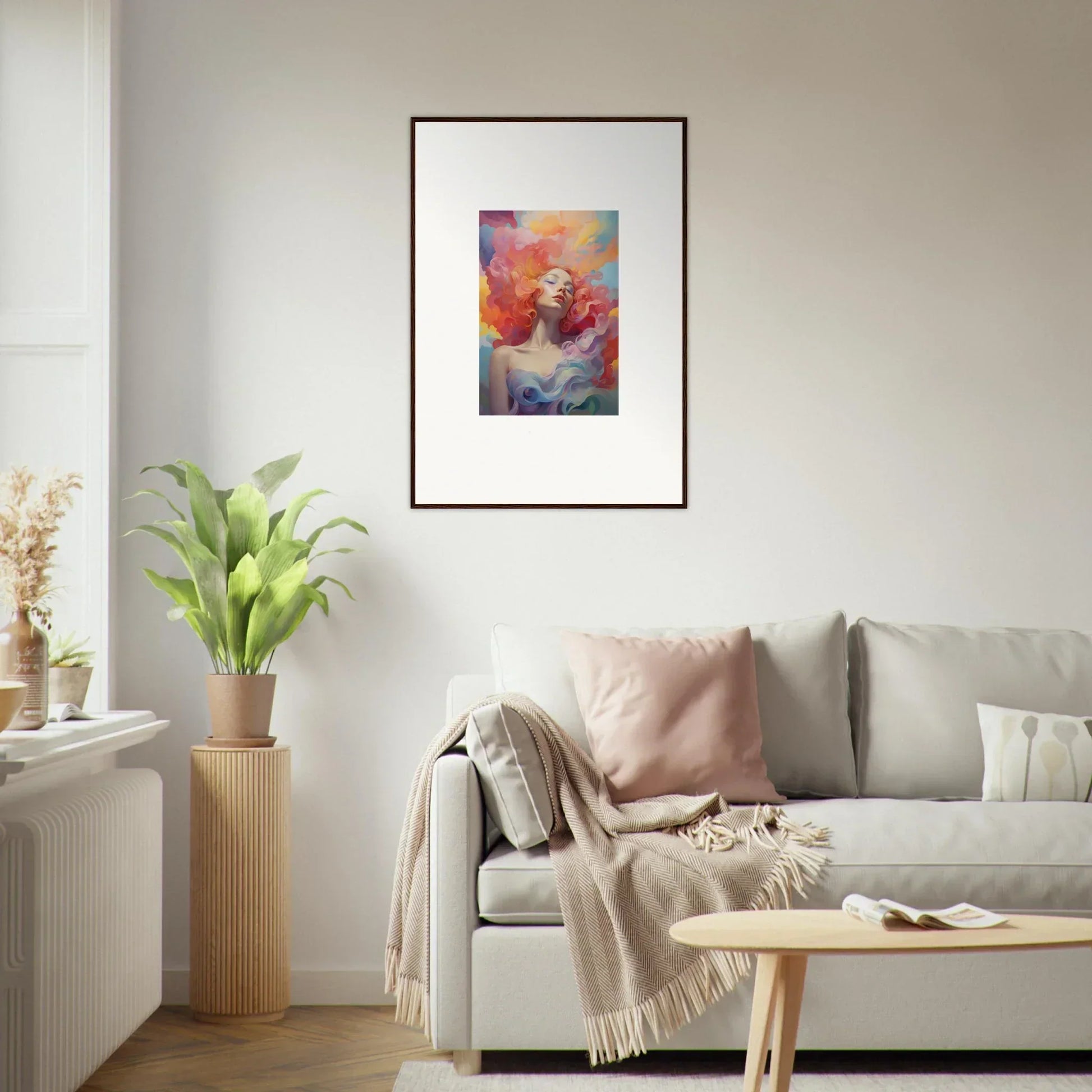 Framed wall art of vibrant abstract painting in red, orange, and purple for room decor