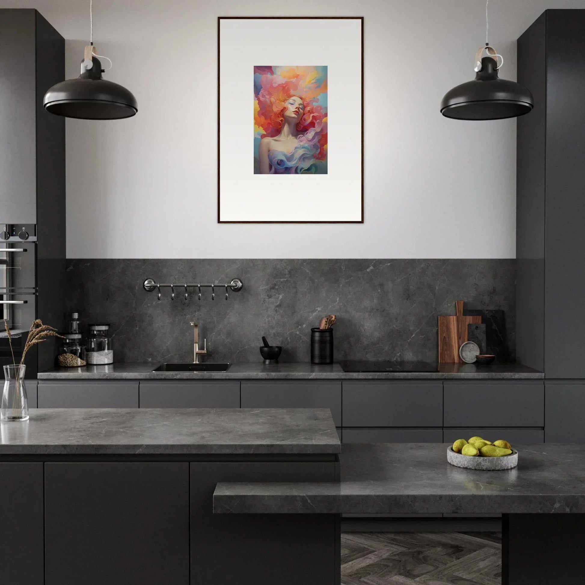Modern kitchen with dark cabinetry, concrete countertops, and framed wall art prayer dance