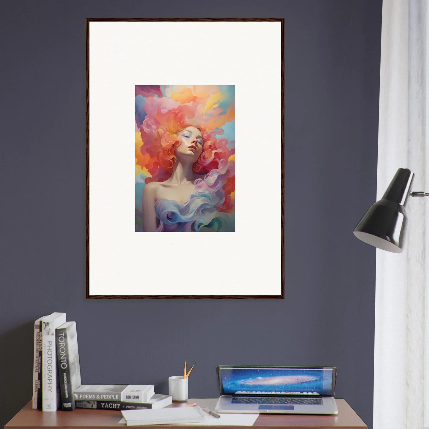 Framed wall art of a woman in prayer dance with vibrant hair and colorful background