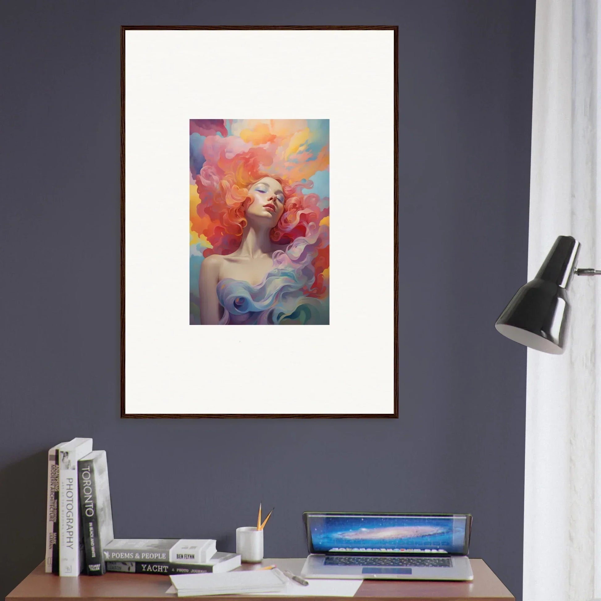 Framed wall art of a woman in prayer dance with vibrant hair and colorful background
