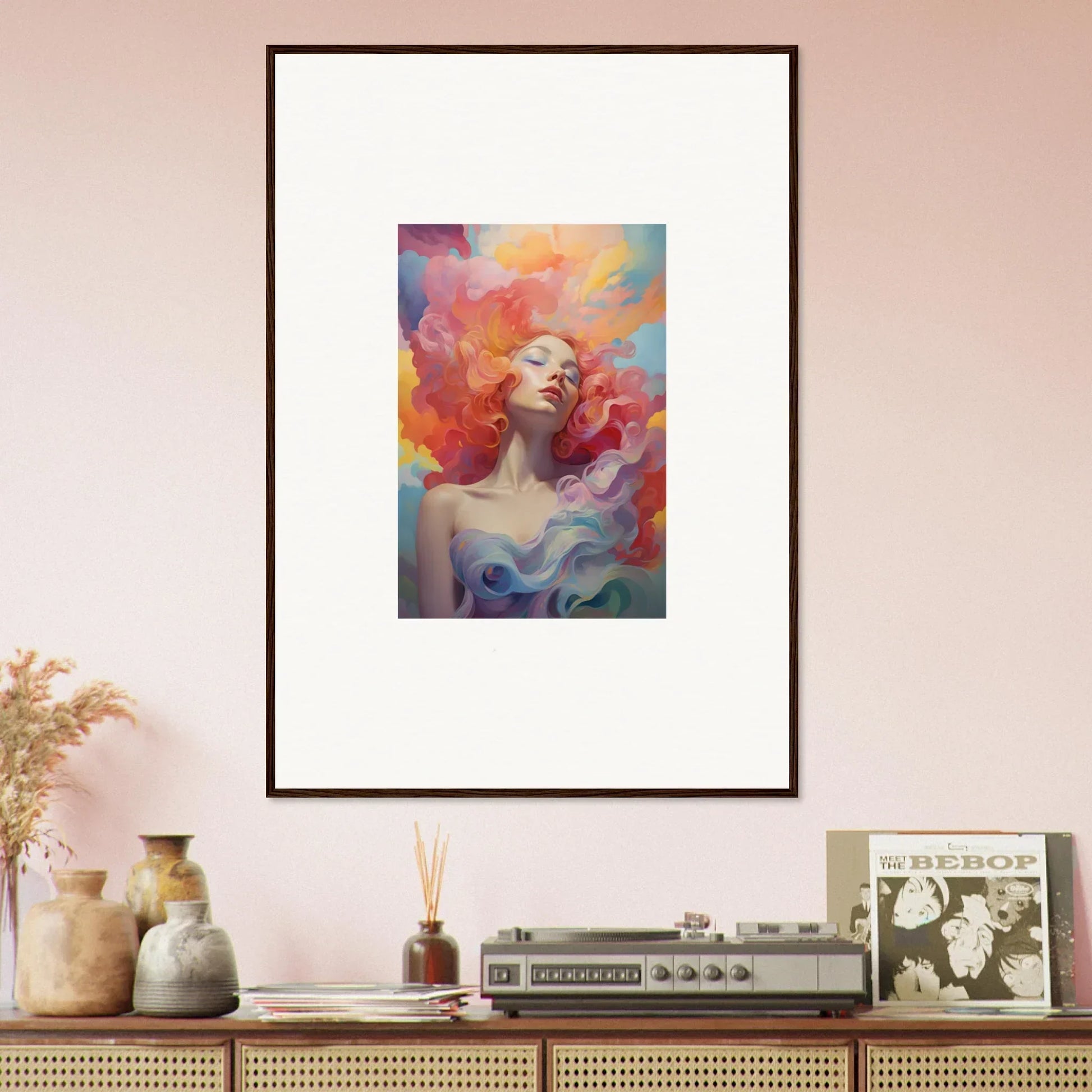 Framed wall art of a woman in colorful prayer dance adds vibrant room decor