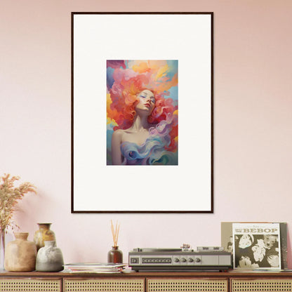 Framed wall art of a woman in colorful prayer dance adds vibrant room decor