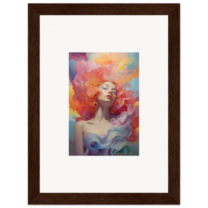 Framed wall art of a woman with colorful hair in a vibrant prayer dance background