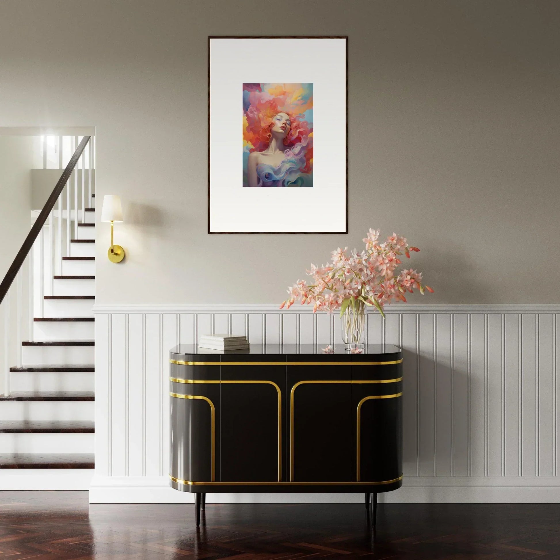 Framed colorful abstract portrait enhancing room decor above black and gold sideboard