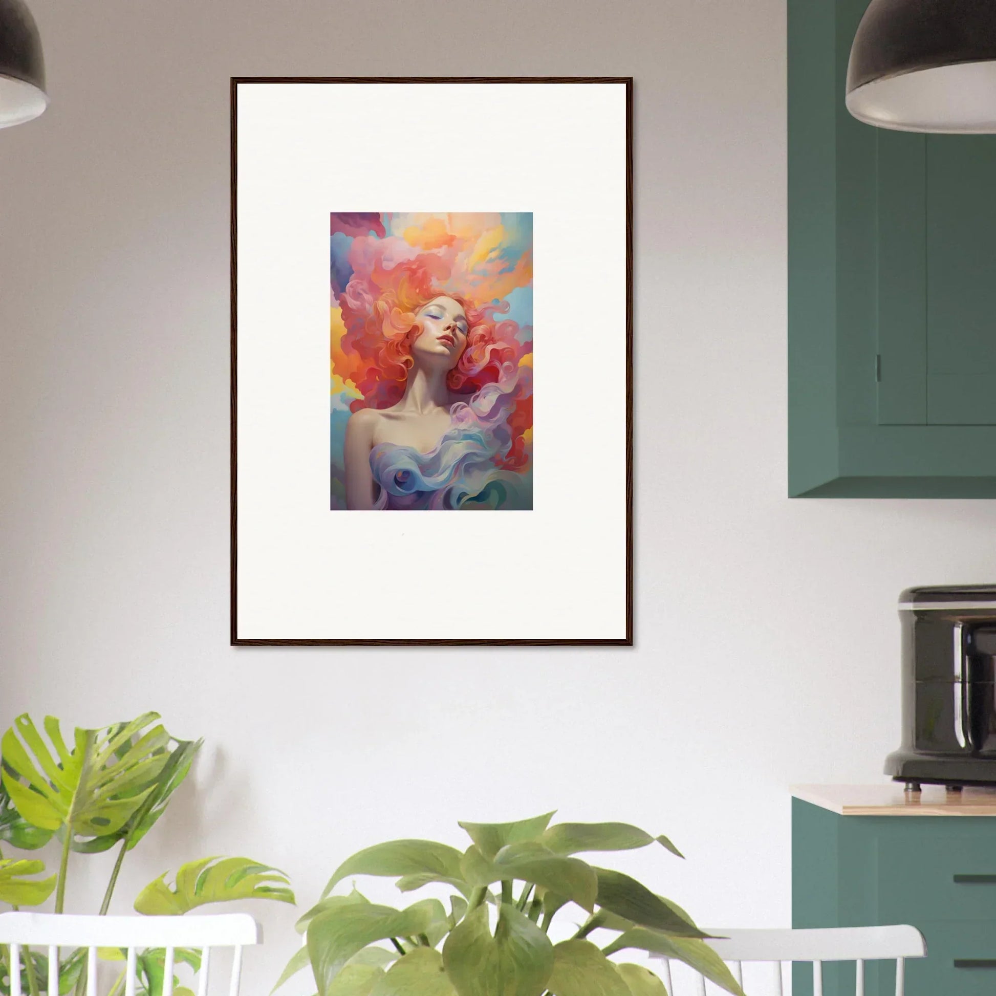 Framed wall art of a woman in a colorful prayer dance, perfect for vibrant room decor