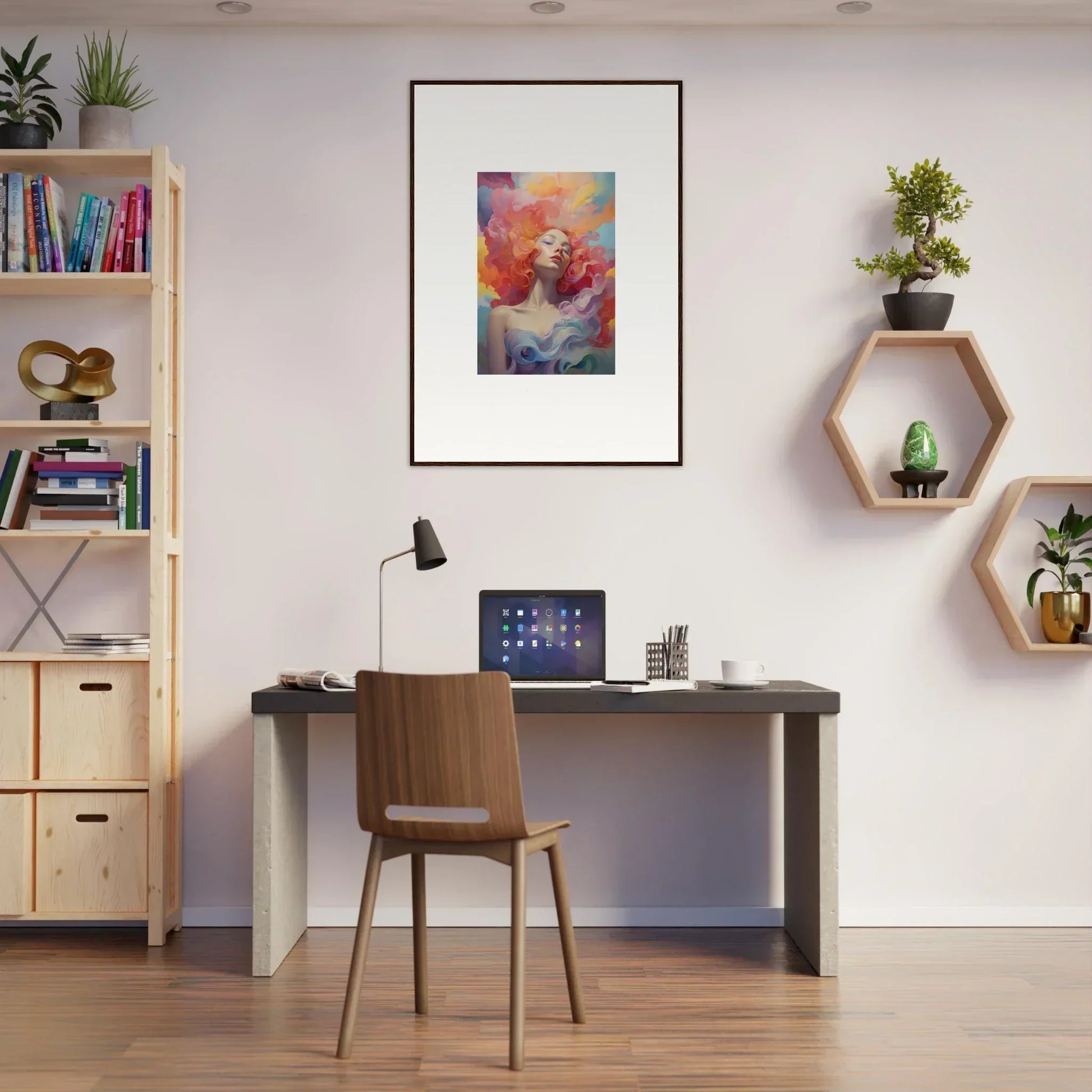 Modern home office workspace featuring desk, chair, and Prayer Dance wall art decor