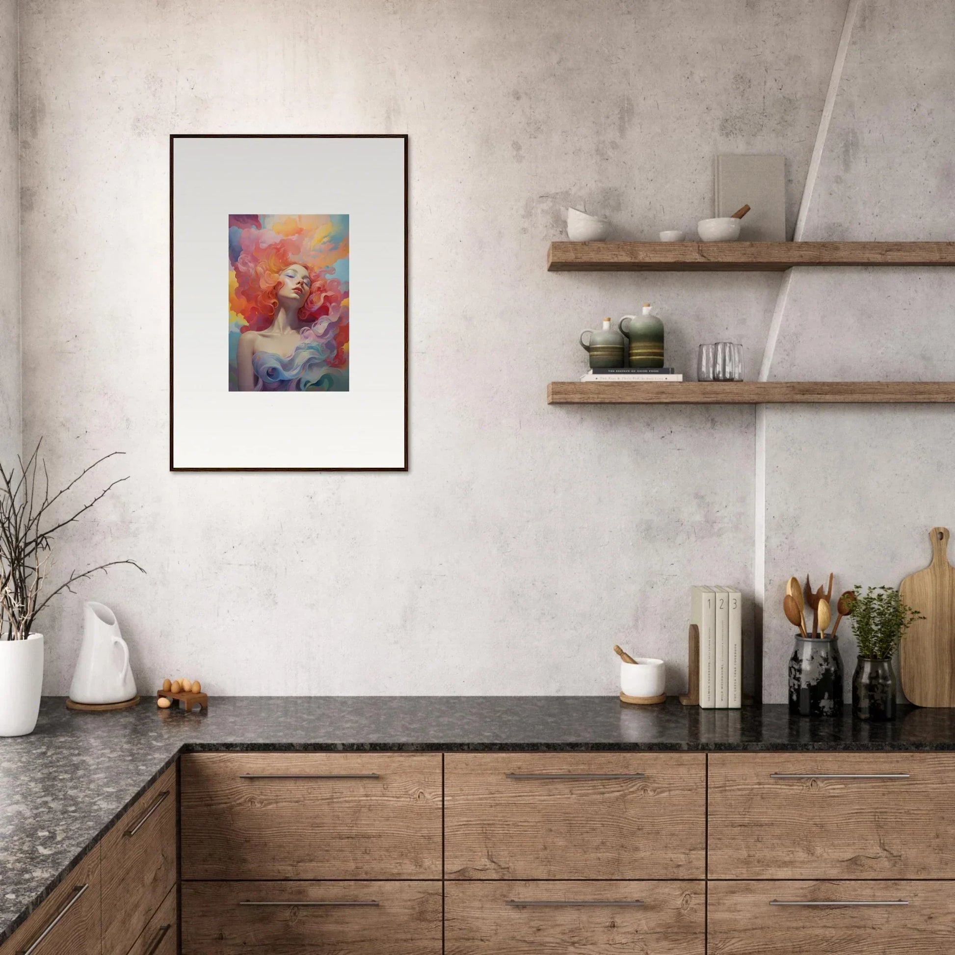 Framed colorful abstract painting for room decor featuring Prayer Dance design