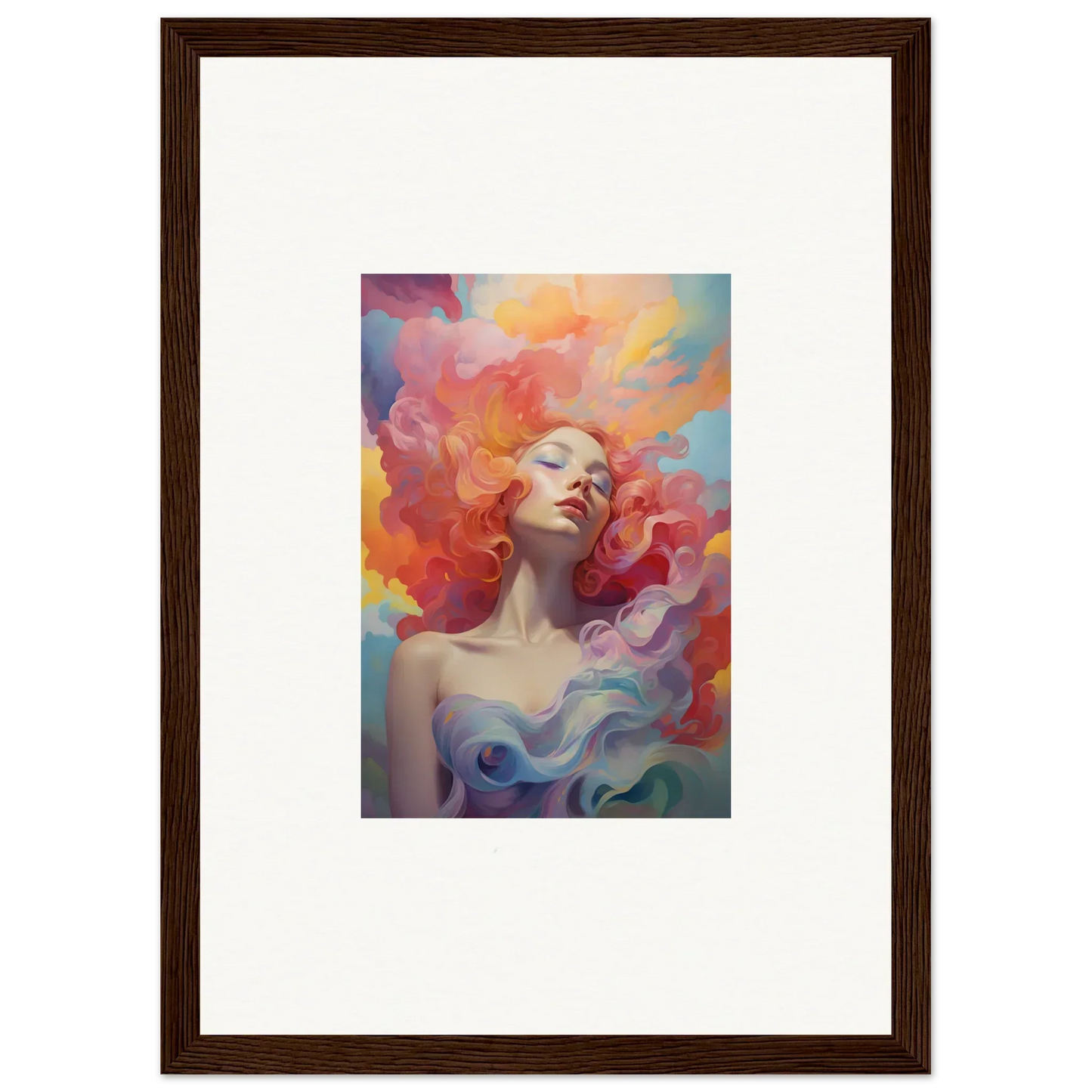 Framed wall art of a woman in a vibrant prayer dance for colorful room decor