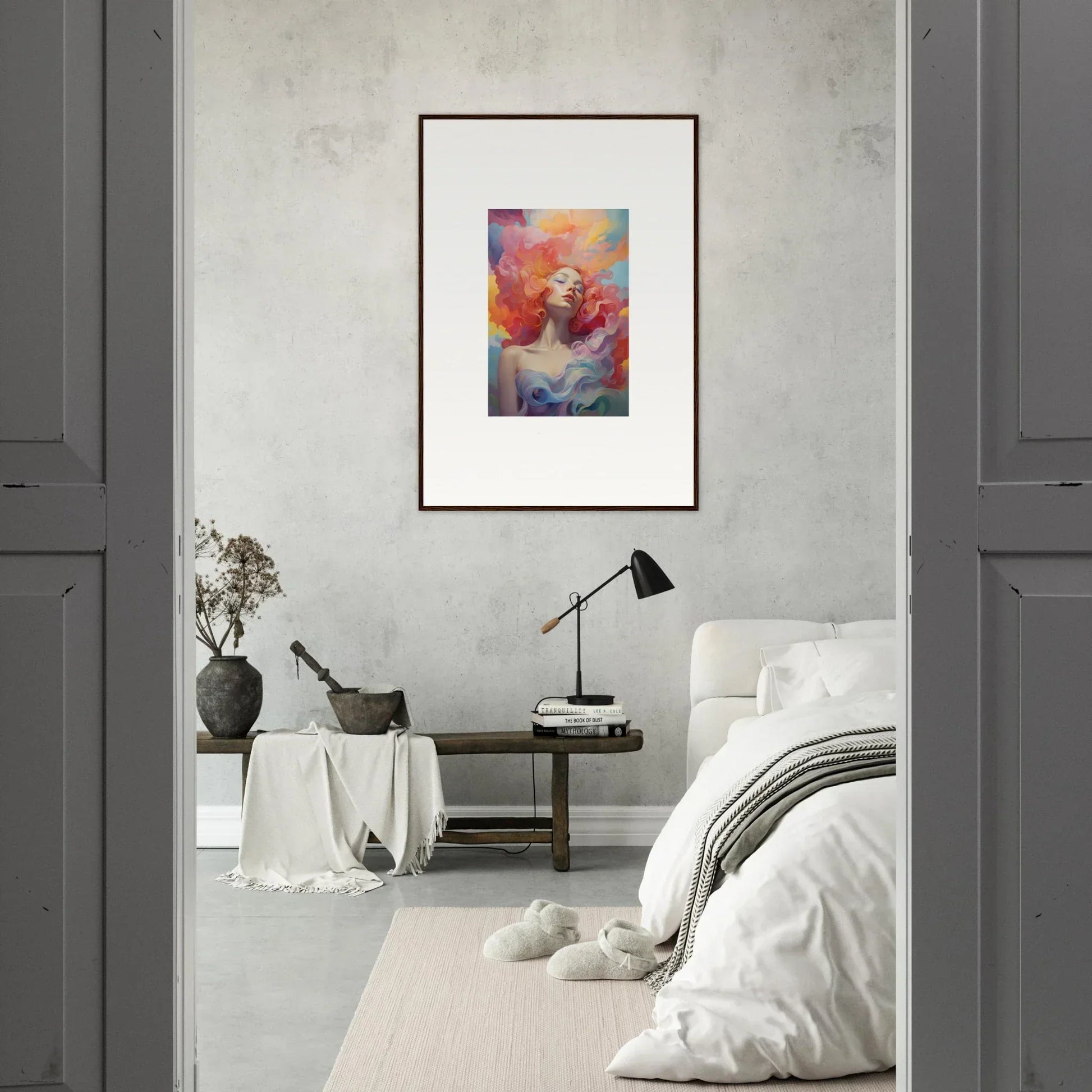 Framed wall art featuring vibrant red and orange hues in a Prayer Dance design for room decor