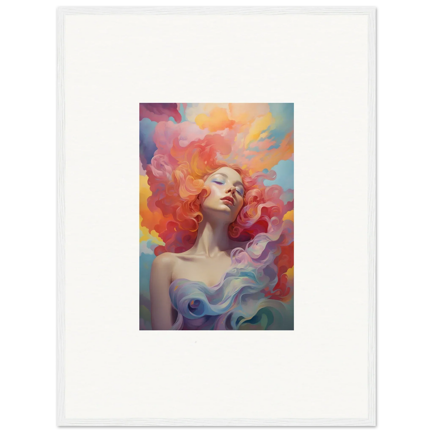 Colorful portrait painting of a woman, vibrant hair, ideal for room decor and prayer dance