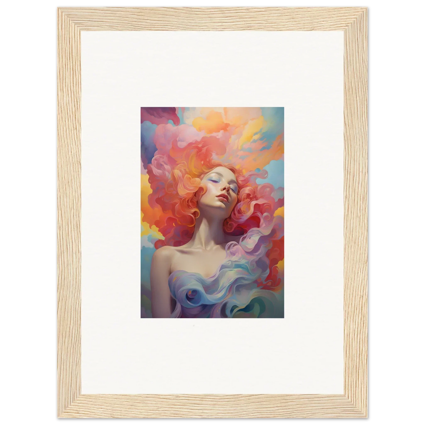 Framed wall art of a colorful portrait painting featuring a woman in a prayer dance