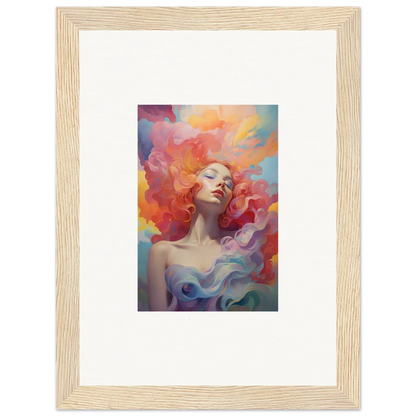 Framed wall art of a colorful portrait painting featuring a woman in a prayer dance