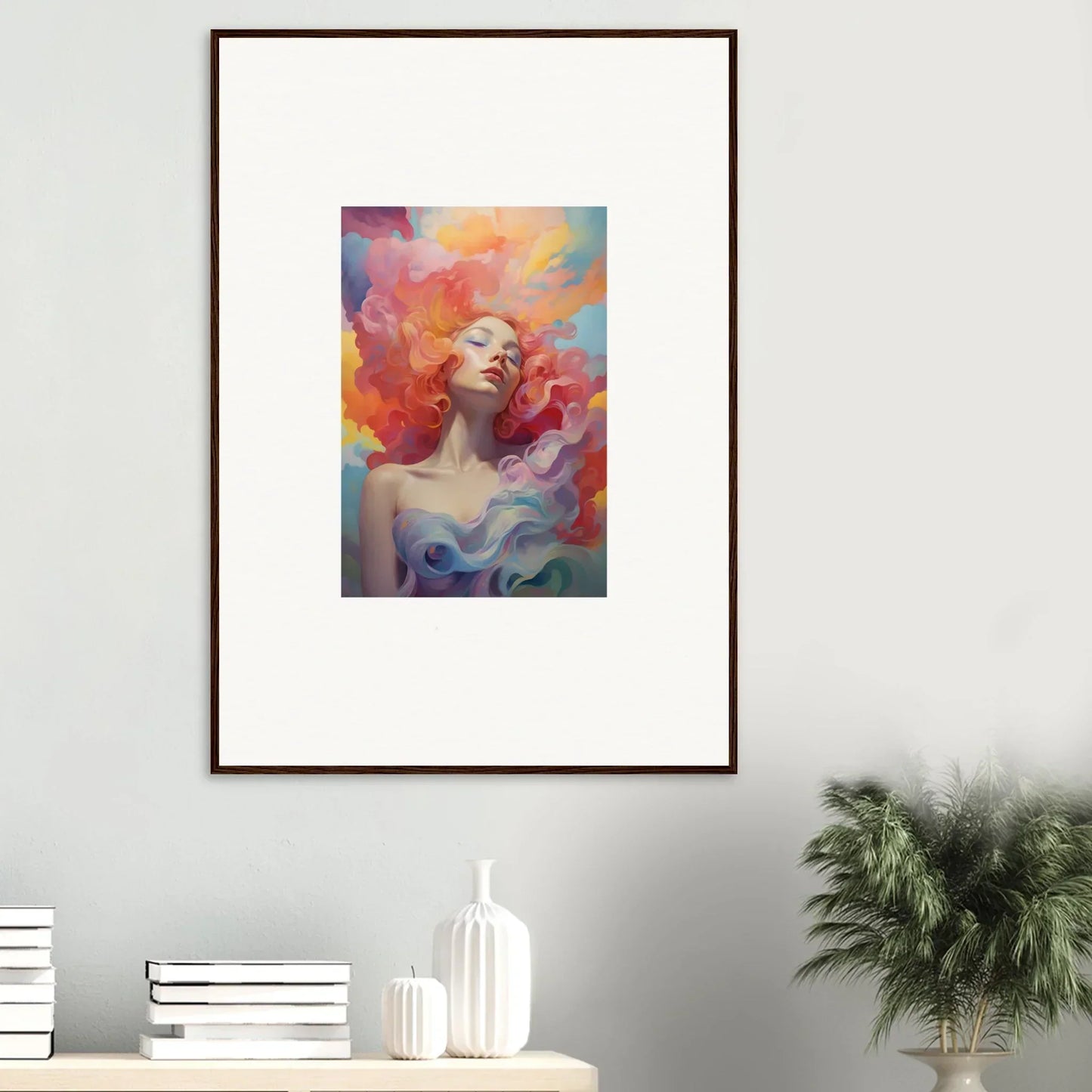 Framed wall art of a woman in prayer dance with vibrant abstract background for room decor