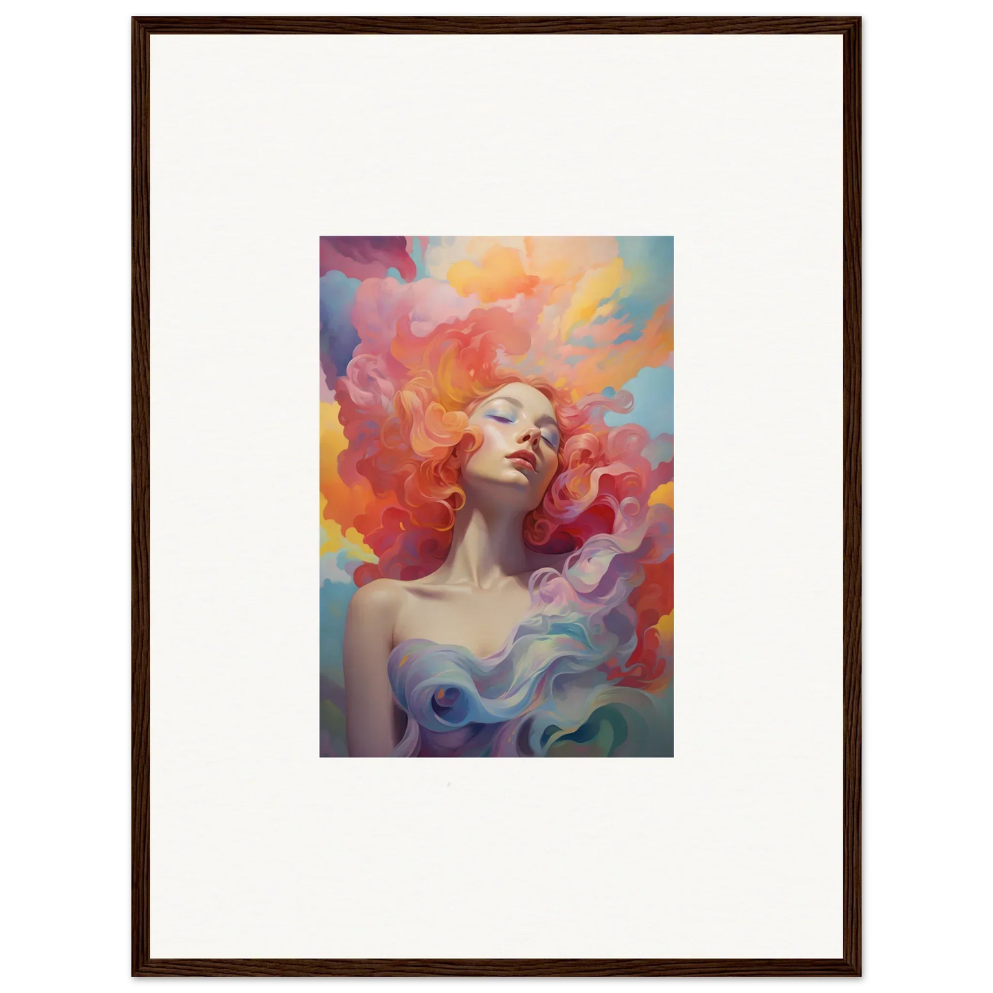 Framed wall art of a woman with vibrant hair for prayer dance room decor