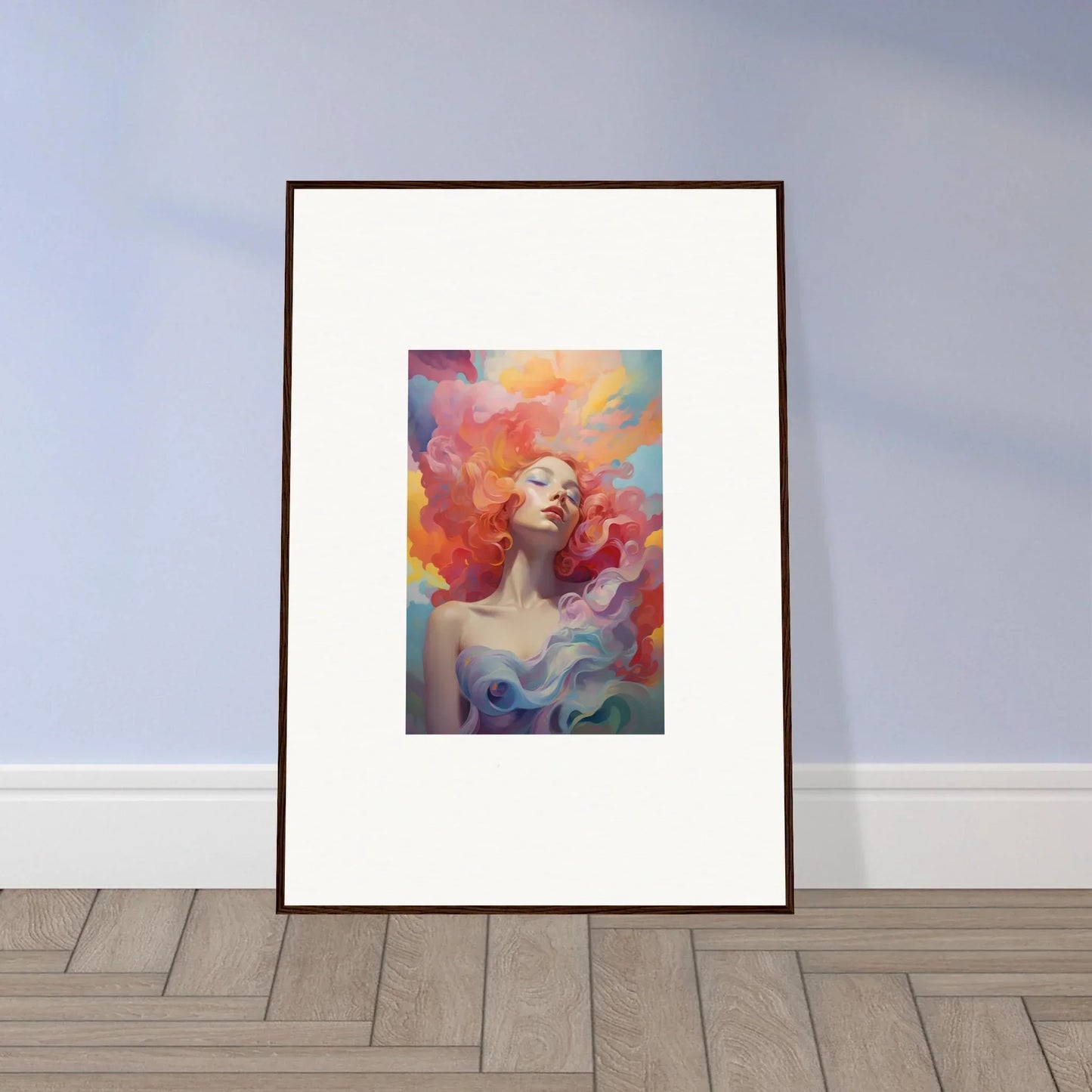 Colorful portrait of a woman with flowing hair in framed wall art for room decor