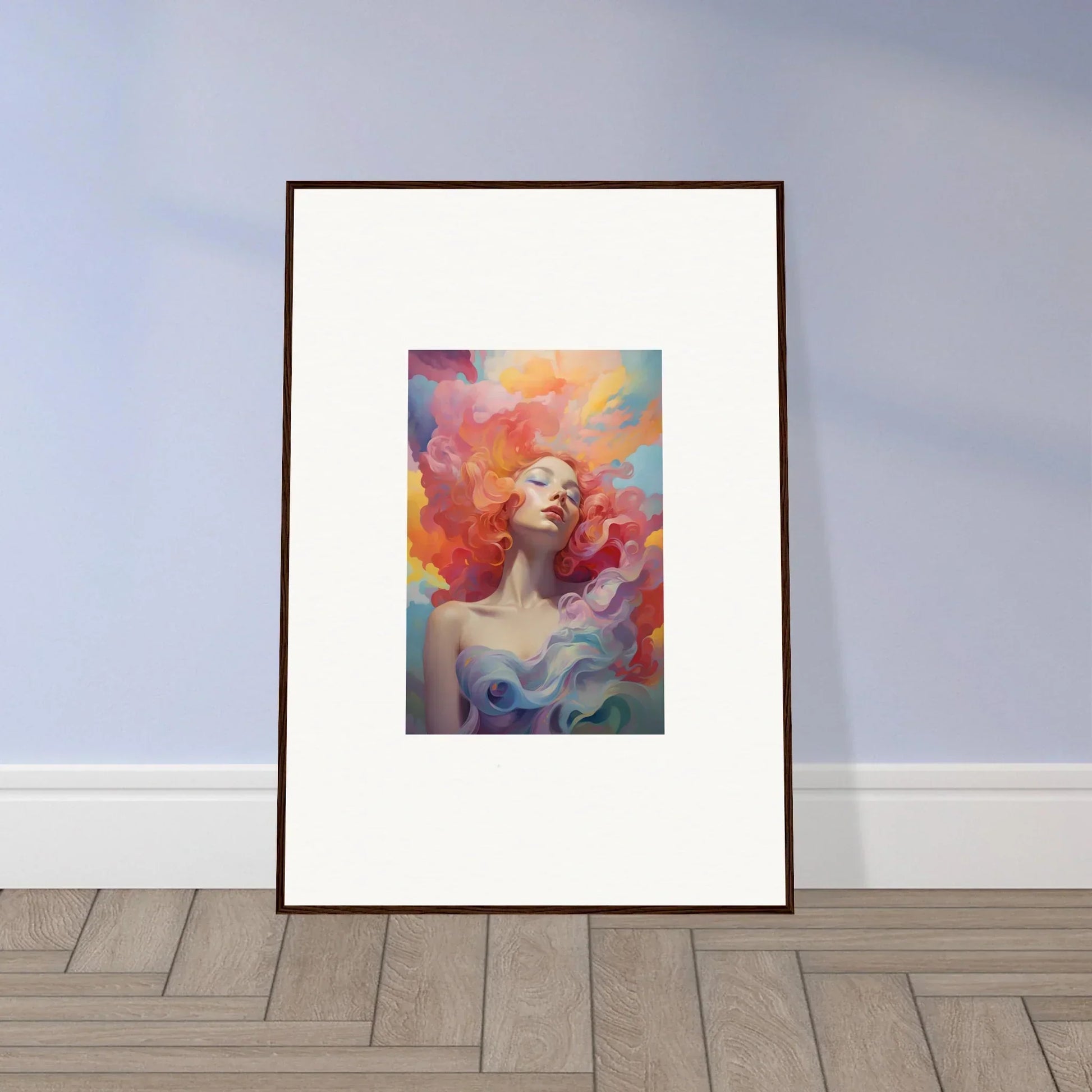 Colorful portrait of a woman with flowing hair in framed wall art for room decor