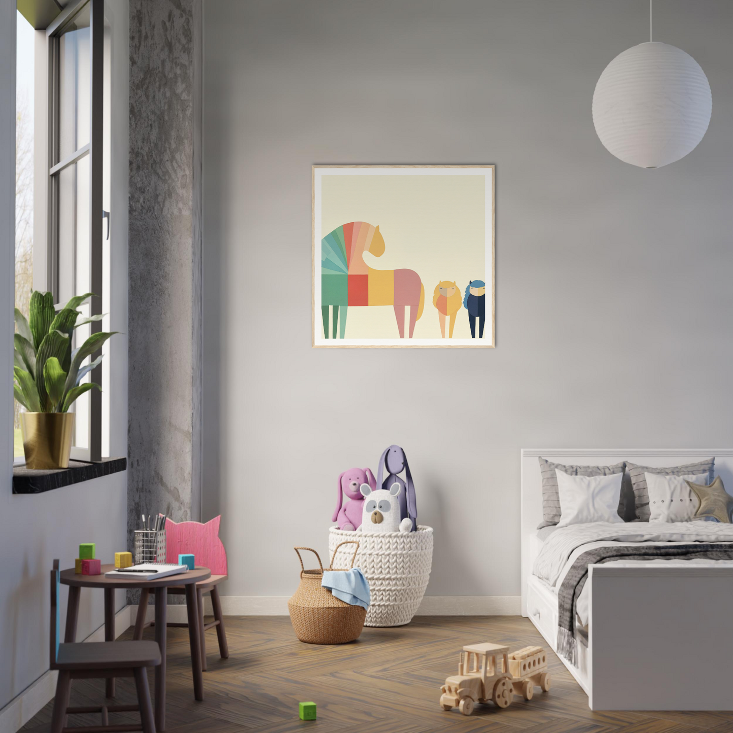 Modern bedroom featuring minimalist geometric horse artwork from Colorful Creature Composition