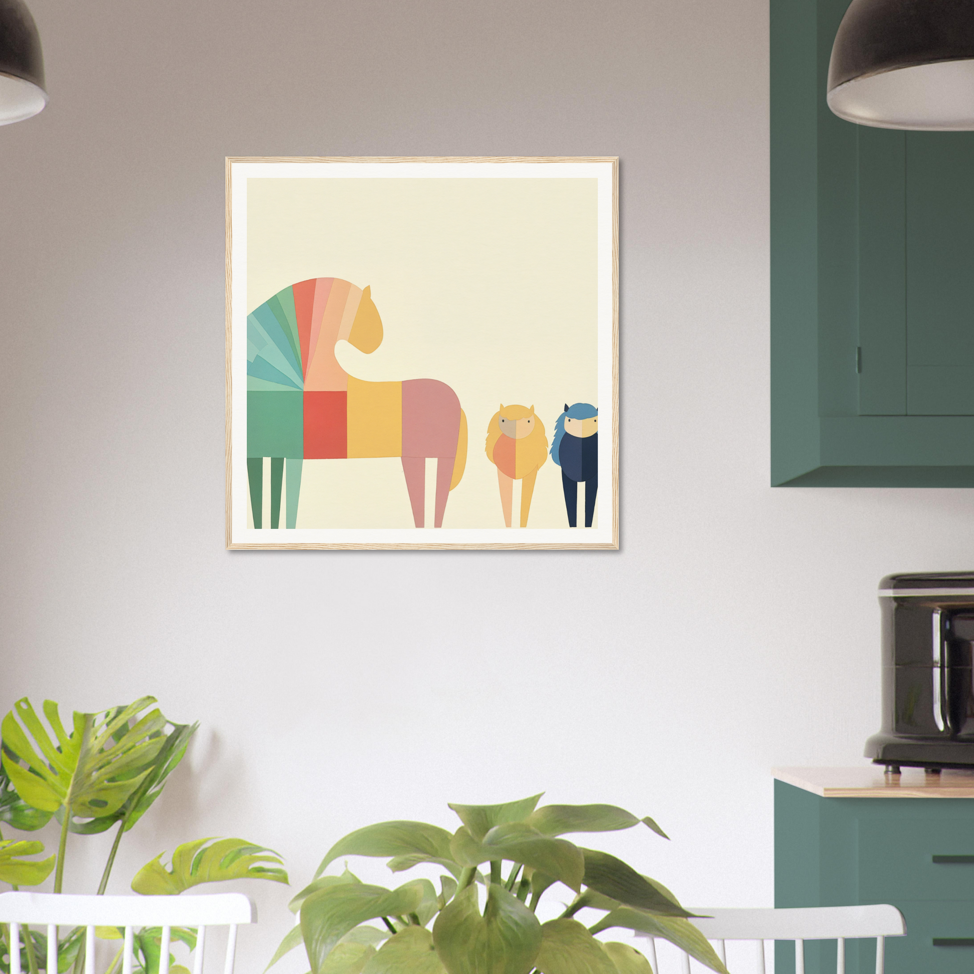 Framed geometric art print of colorful horse-like shapes in a row for Colorful Creature Composition