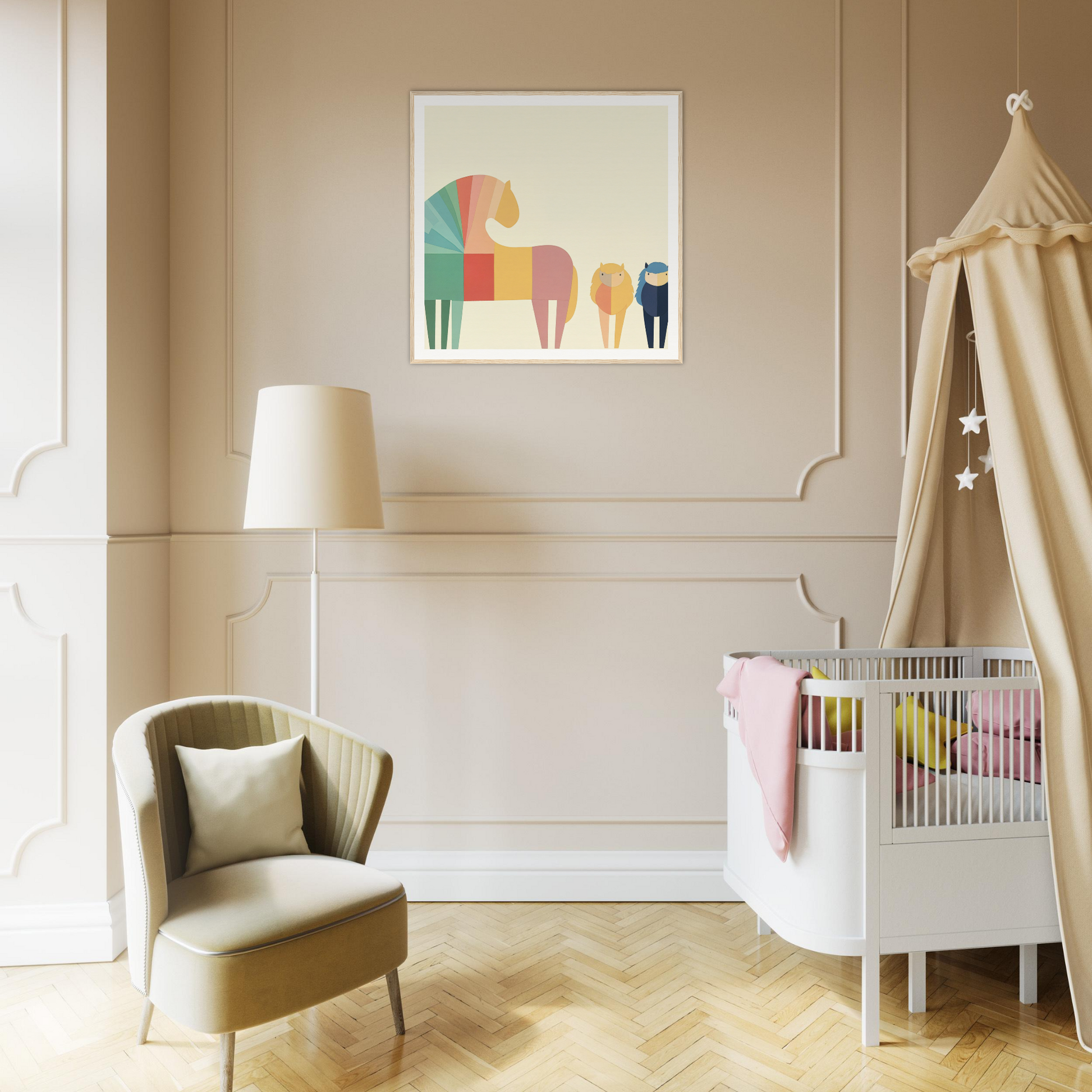 Modern nursery featuring a white crib, beige canopy, and Colorful Creature artwork
