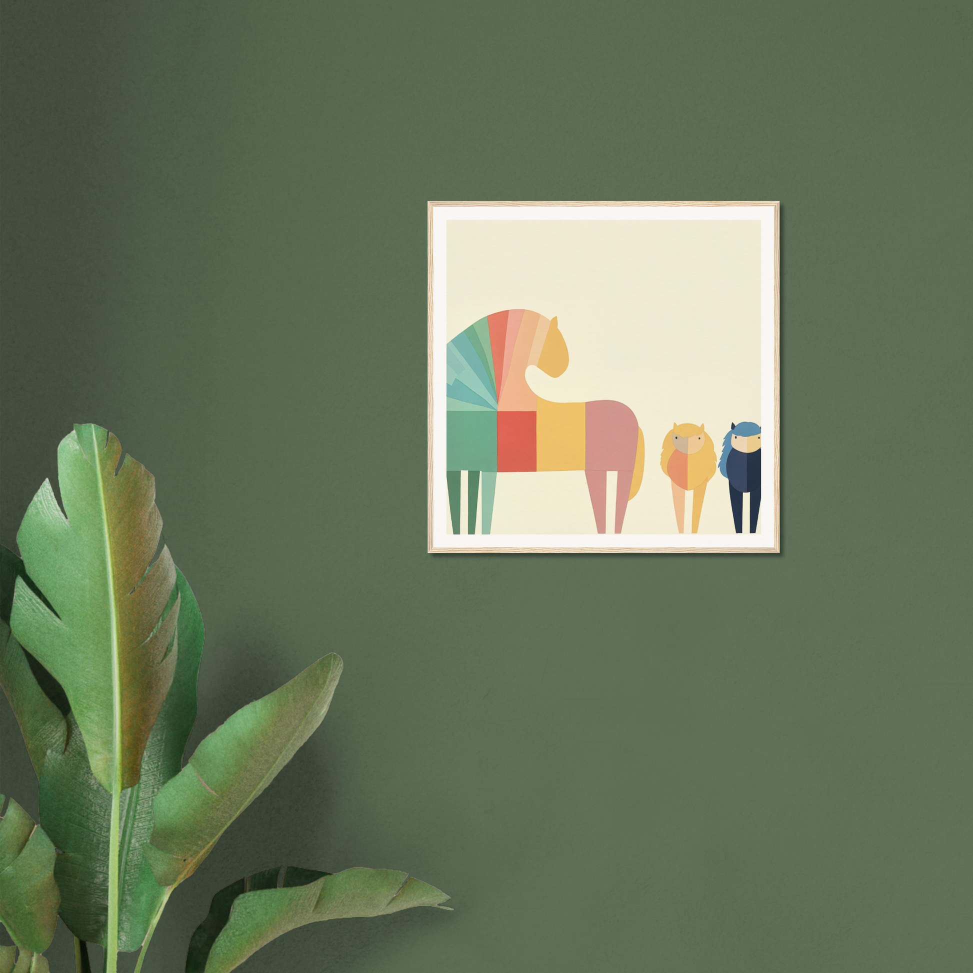 Framed art print of colorful geometric horses in a row, Colorful Creature Composition