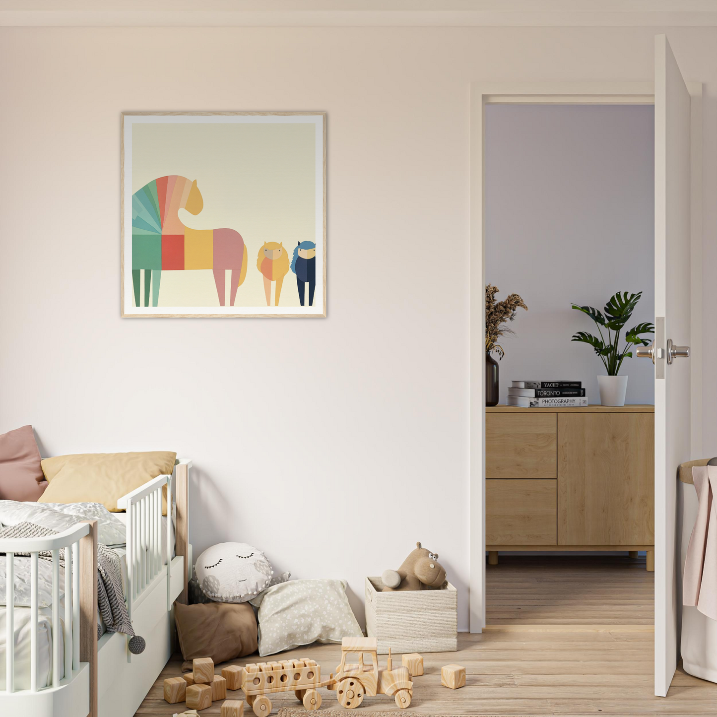 Colorful geometric horse artwork in minimalist style, featured in Colorful Creature Composition