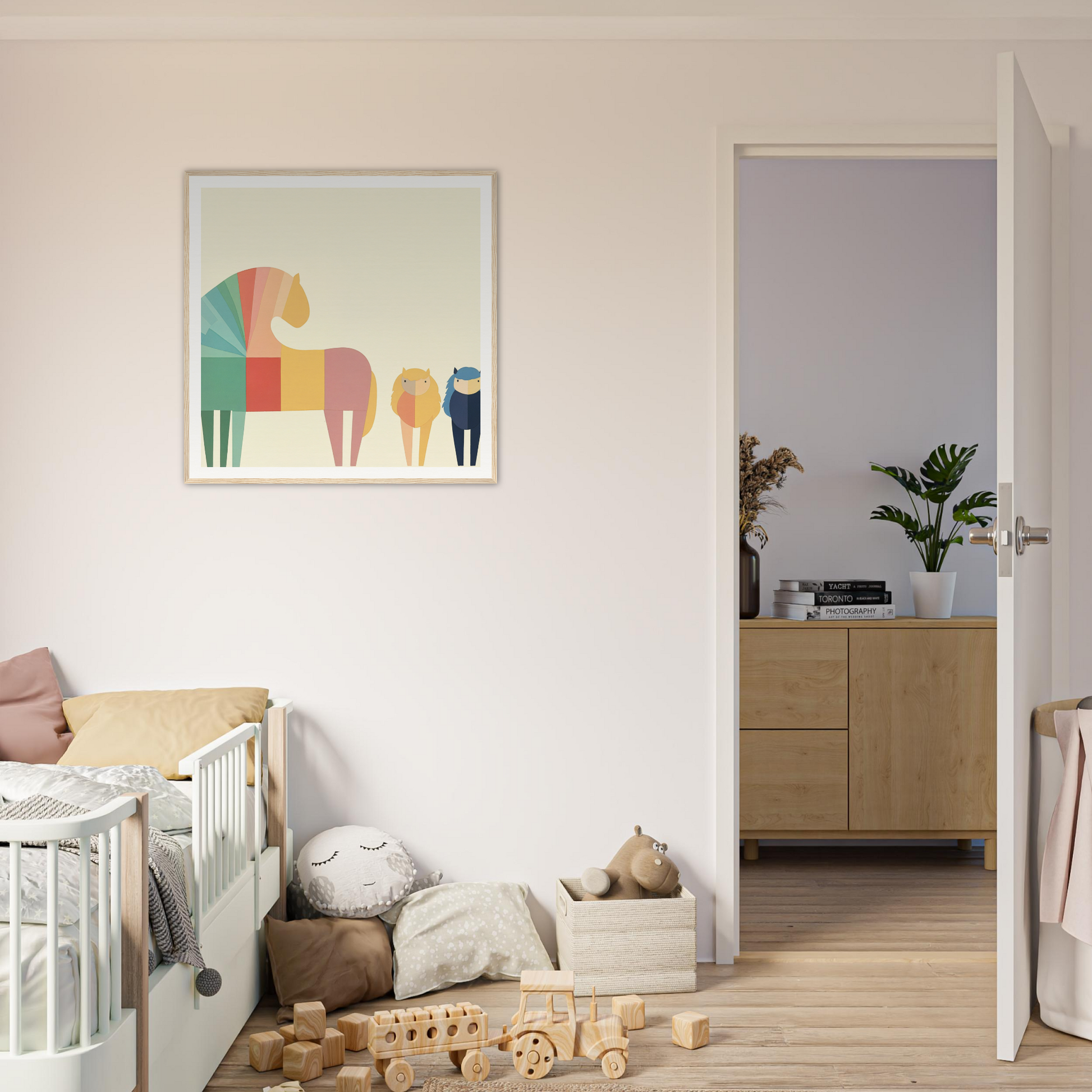Colorful geometric horse artwork in minimalist style, featured in Colorful Creature Composition