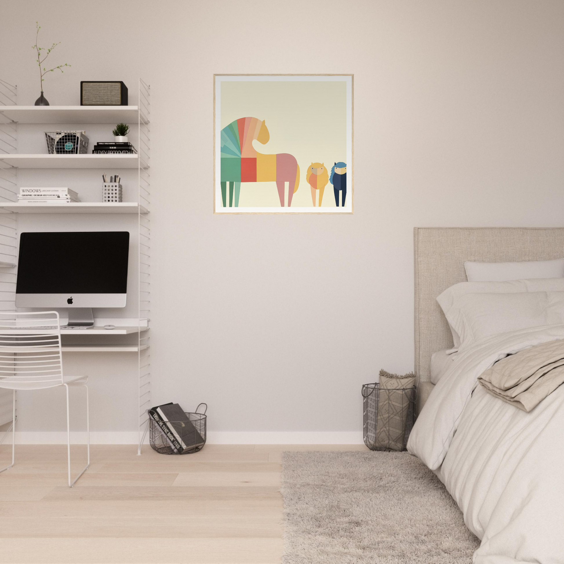 Minimalist bedroom featuring floating shelves, an iMac workstation, and colorful horse artwork