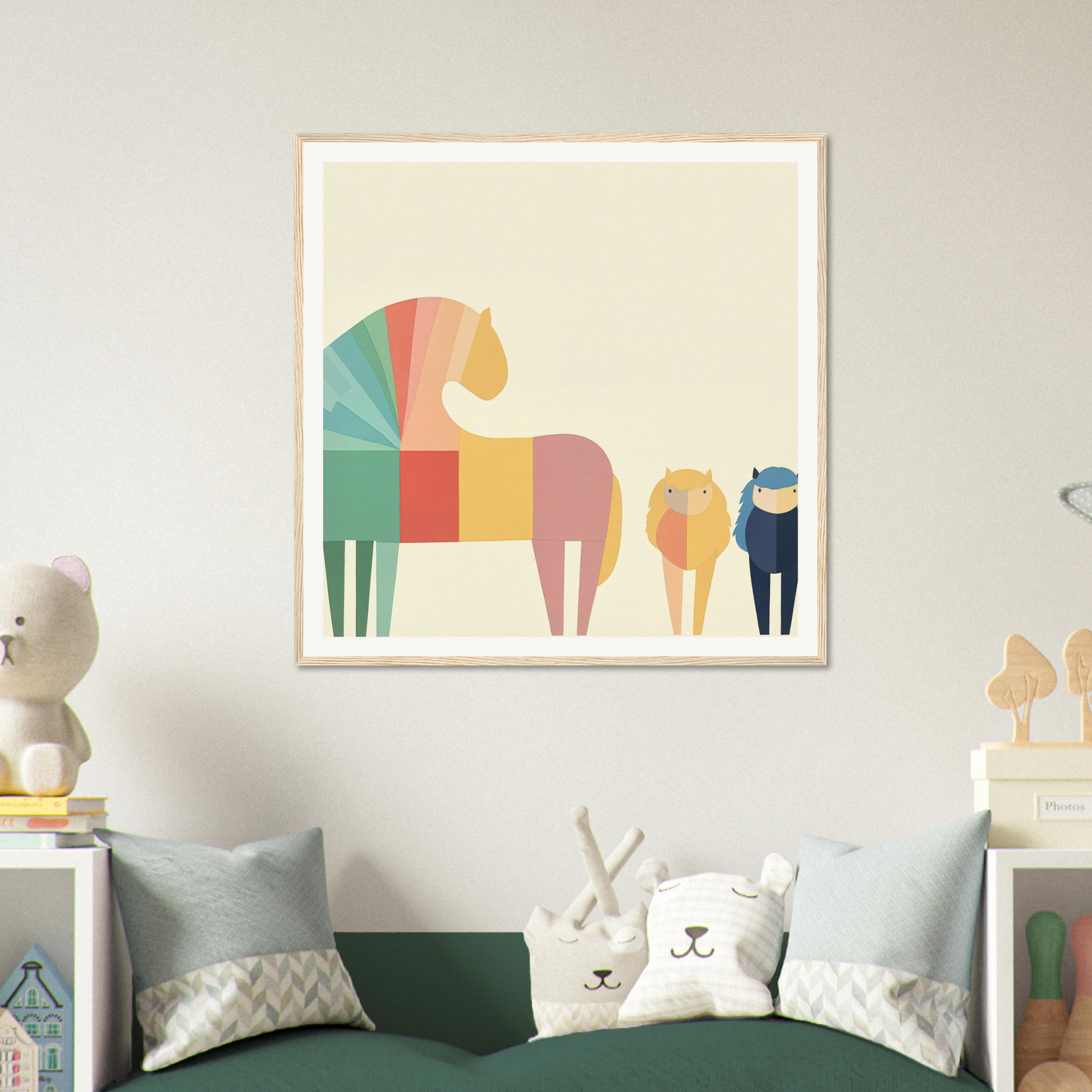 Colorful geometric art print of four uniquely shaped horses in vibrant colors