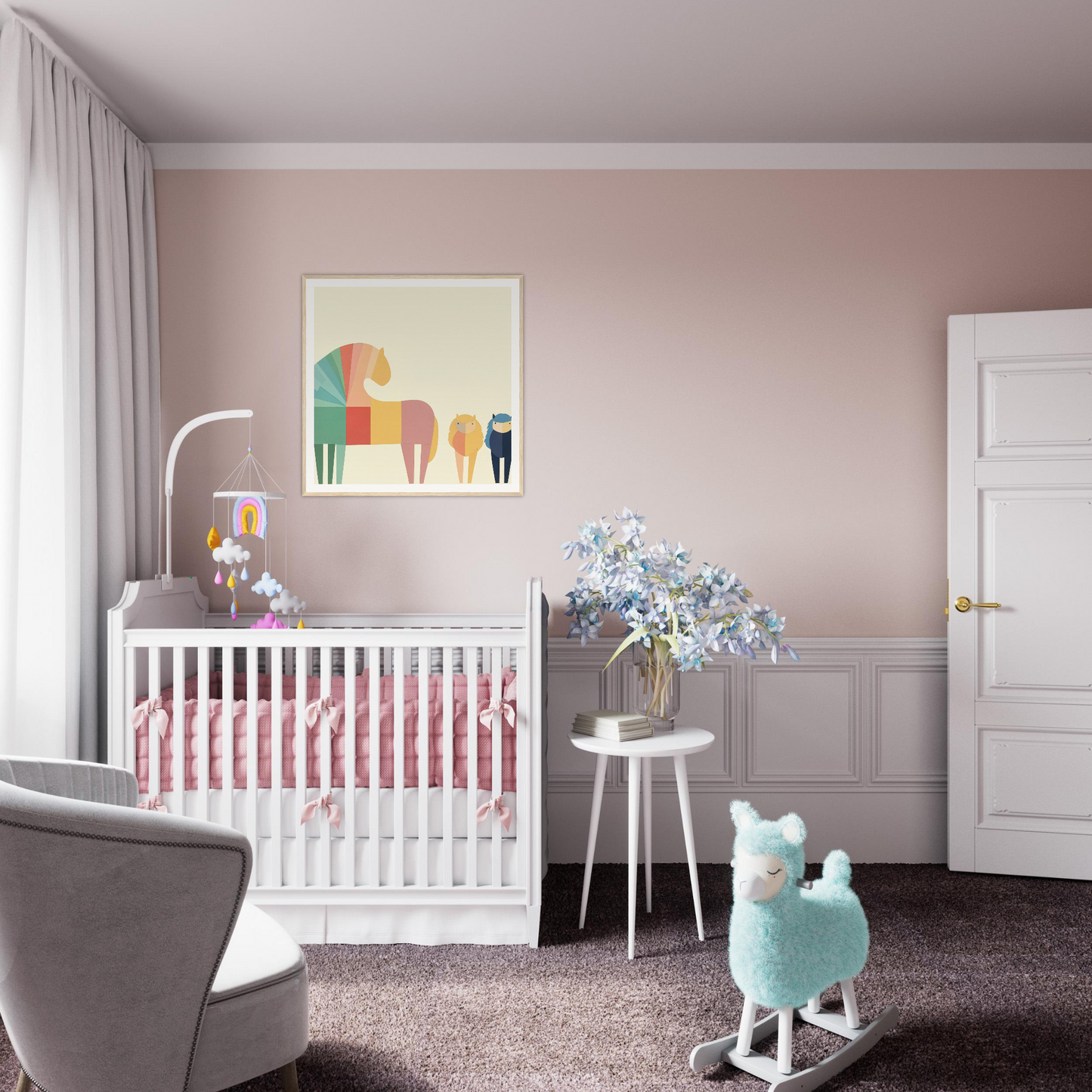 White wooden crib adorned with pink bedding in Colorful Creature Composition design