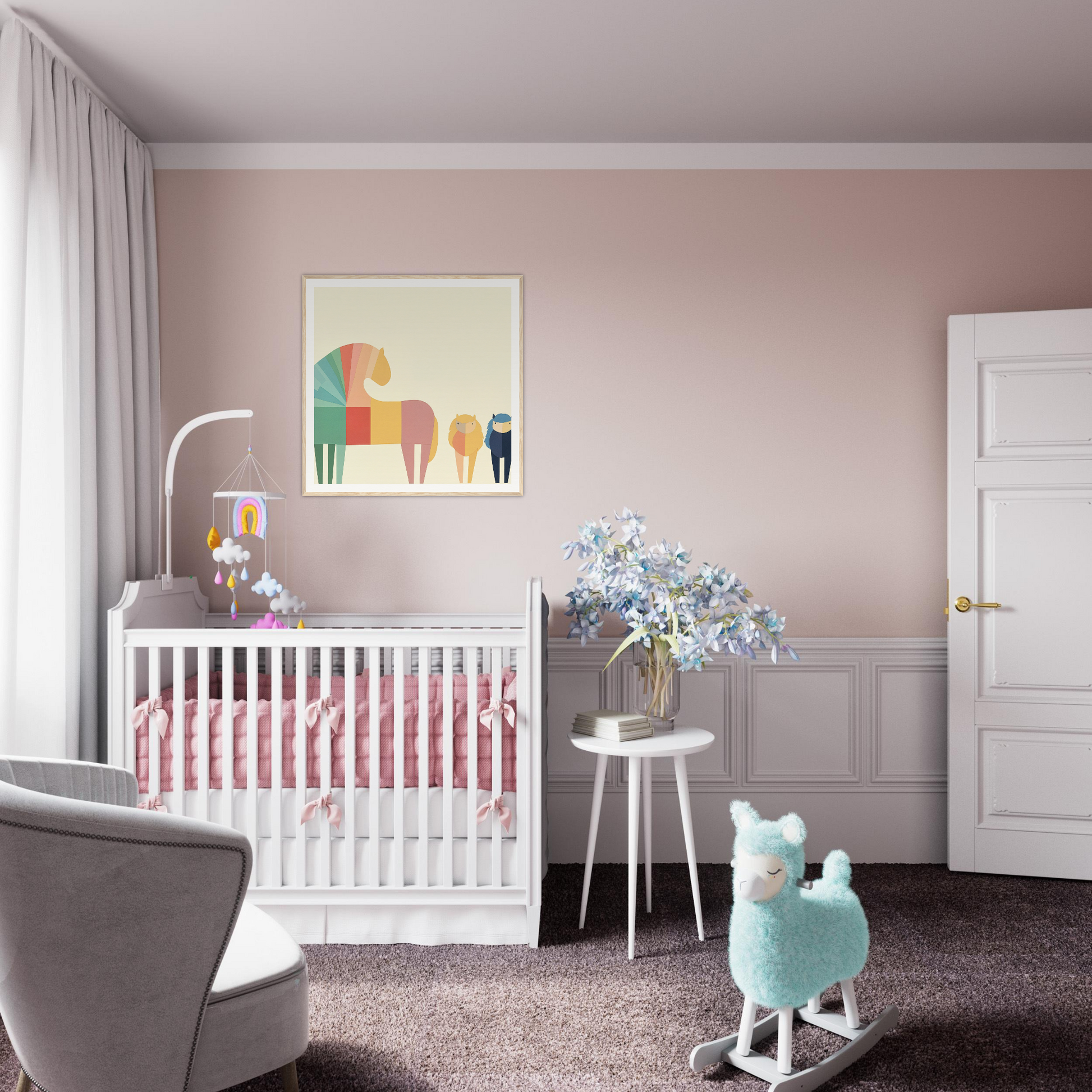 White wooden crib adorned with pink bedding in Colorful Creature Composition design