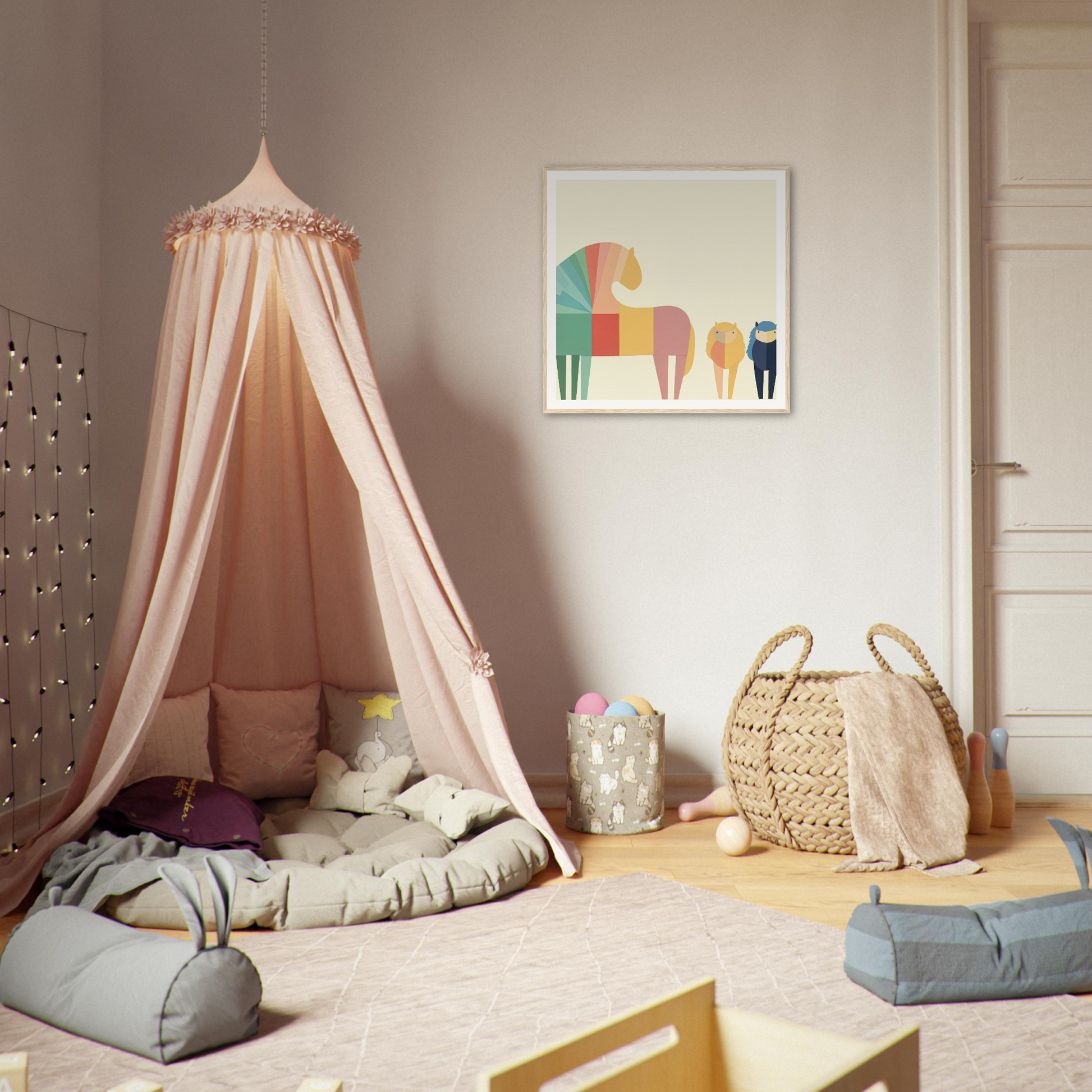 Peach-colored canopy tent with draped fabric and cushions in Colorful Creature Composition