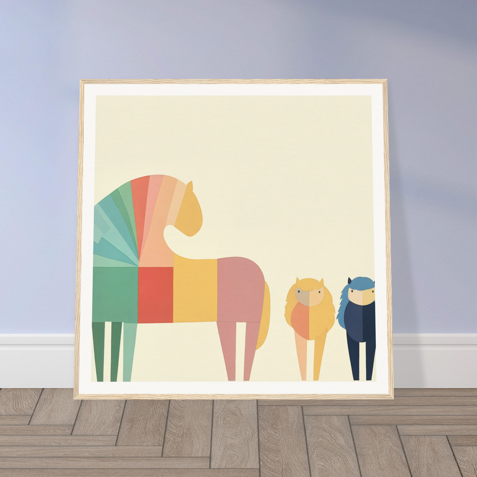 Minimalist art print of colorful geometric horses in a row for Colorful Creature Composition