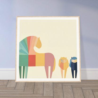 Minimalist art print of colorful geometric horses in a row for Colorful Creature Composition
