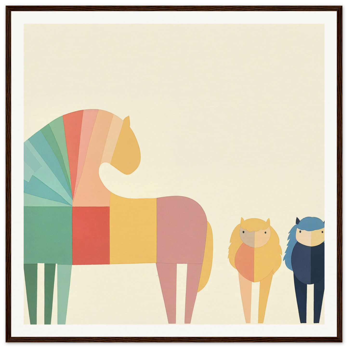 Colorful geometric horse illustration in muted rainbow hues for Colorful Creature Composition