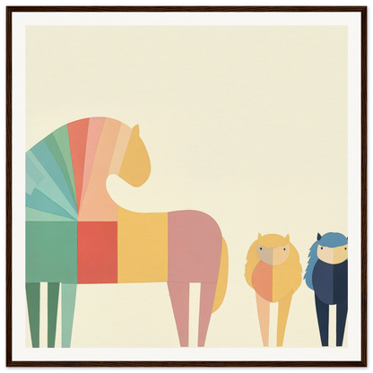 Colorful geometric horse illustration in muted rainbow hues for Colorful Creature Composition