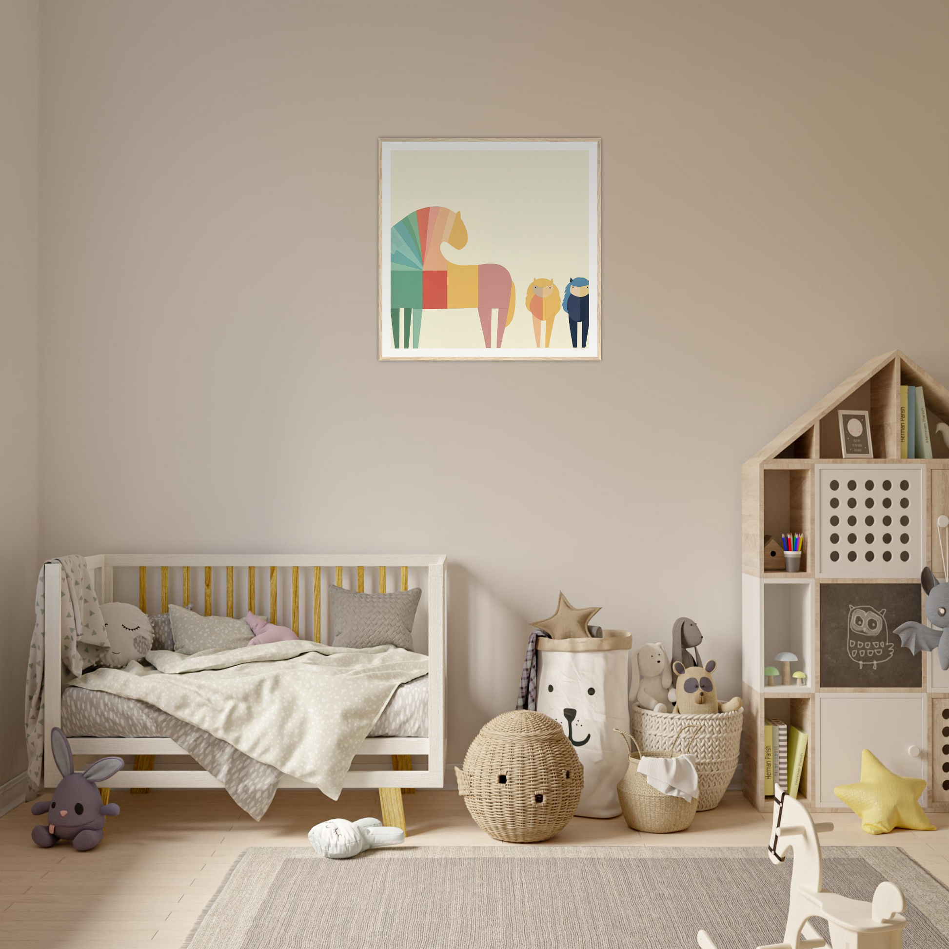 Modern nursery crib with gray bedding and yellow accents in Colorful Creature Composition