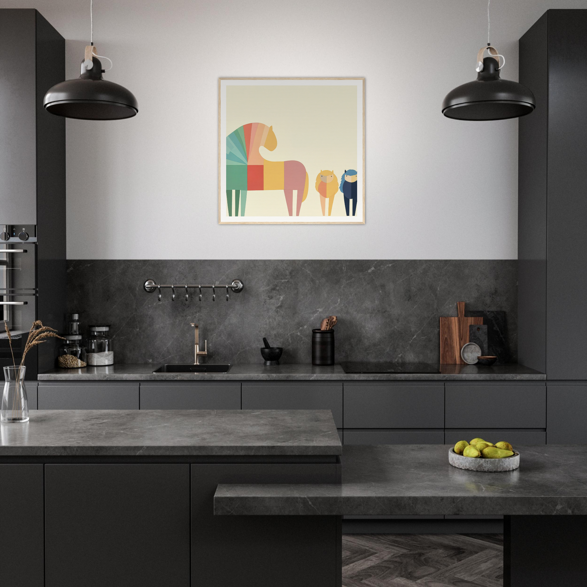 Modern dark gray kitchen featuring black pendant lights and Colorful Creature Composition artwork