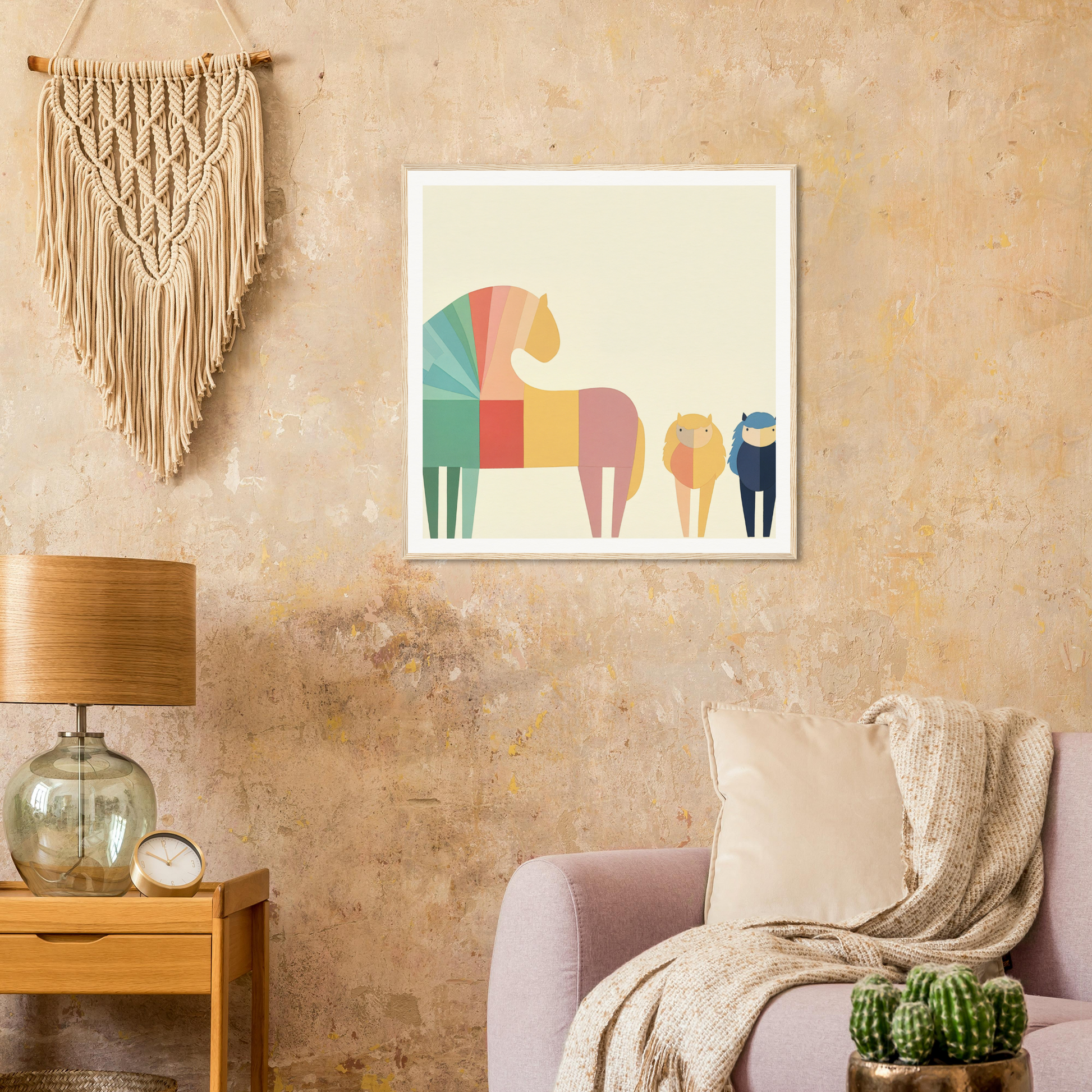 Colorful geometric horse art print featured in Colorful Creature Composition display