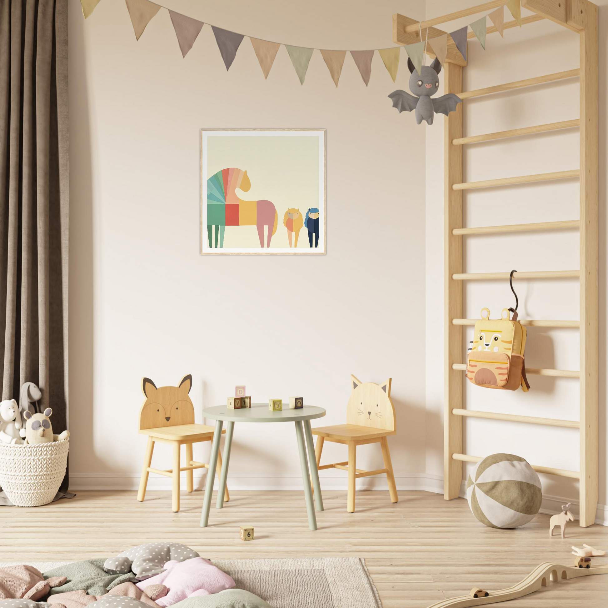 Children’s play area featuring animal-themed chairs and a small round table in Colorful Creature Composition
