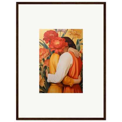 Framed canvas print of an embracing couple with vibrant flowers for intimate liquescence room decoration
