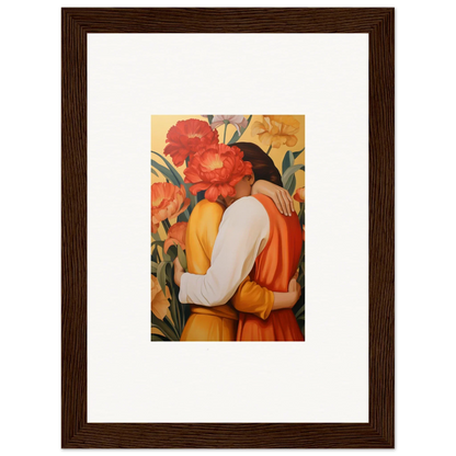 Framed canvas print of an embracing couple with vibrant flowers for intimate liquescence room decoration
