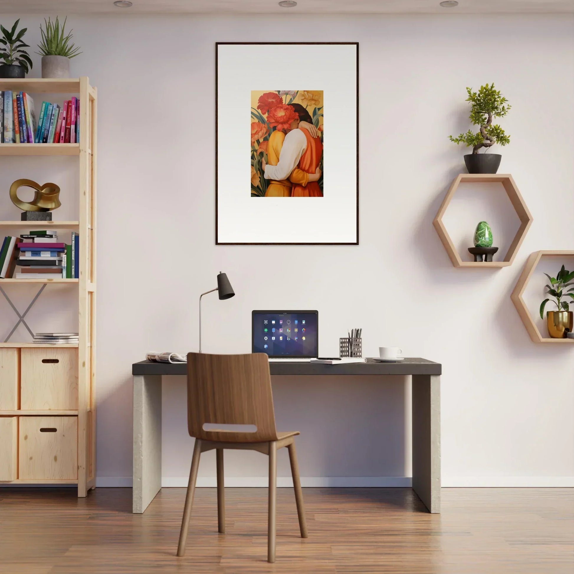 Home office with desk, chair, and decorative shelves featuring Intimate Liquescence canvas print