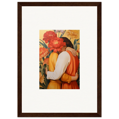 Framed canvas print of an embracing couple with vibrant red flowers for room decoration