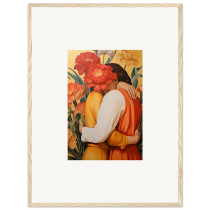Framed canvas print of intimate liquescence with a couple and vibrant flowers for room decoration